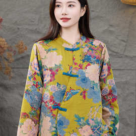 斜纹老布棉麻衬衣女2026秋季款复古立领盘扣百搭长袖宽松开衫外套