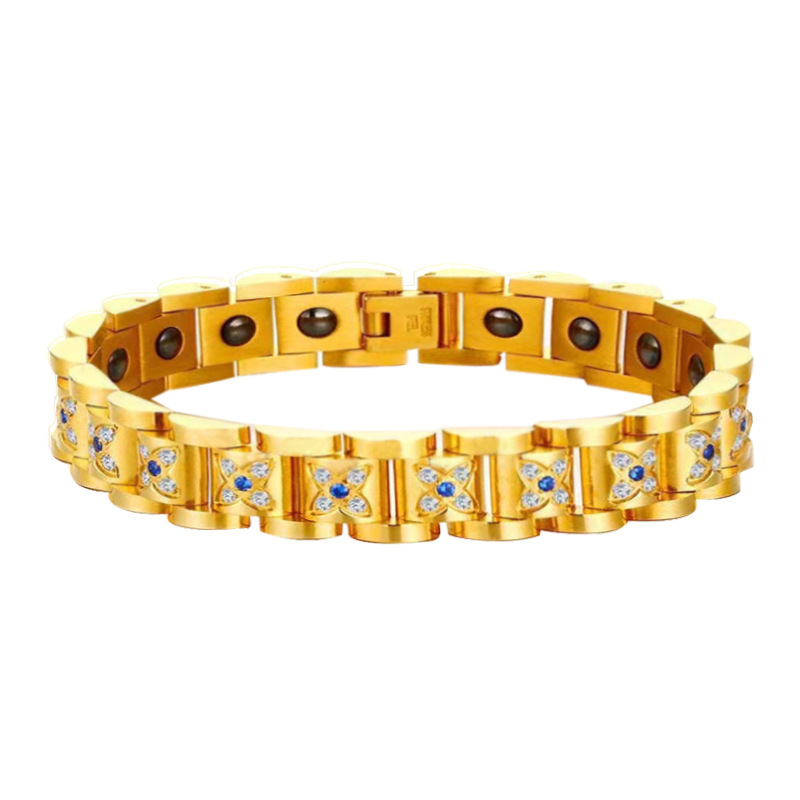 Pulsera de acero inoxidable al por mayor de AliExpress con diamantes de color rojo, joyería de cadena magnética dorada para hombre.