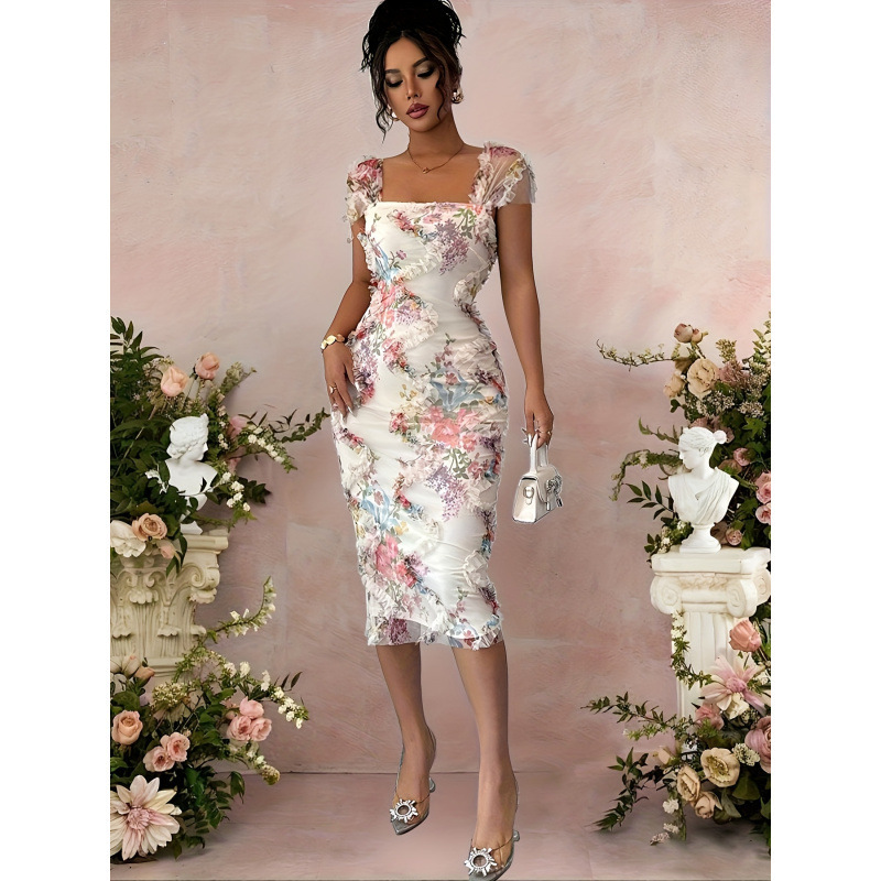 Ladies' Elegant Romantic Mesh Floral Print Pleated Decorated Midi Dress Suitable for Wedding/Party/Dating Ladies' Elegant Romantic Mesh Floral Print Pleated Decorated Midi Dress Suitable for Wedding/Party/Dating