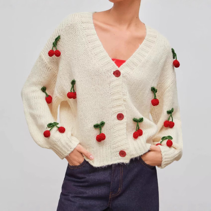 Autumn and Winter Cross-Border V Neck Sweater Versatile Cardigan Loose Trendyy Cherry Decorative Single-Breasted Knitted Jacket Top for Women Autumn and Winter Cross-Border V Neck Sweater Versatile Cardigan Loose Trendyy Cherry Decorative Single-Breasted Knitted Jacket Top for Women