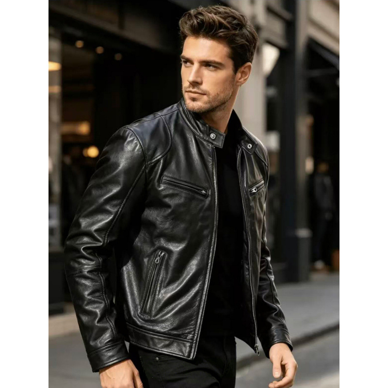 Cross-border men's PU leather jacket, business stand-up collar casual coat, motorcycle fashion slim-fit leather jacket