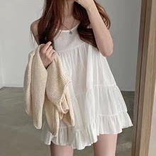 韓國chic夏季小眾減齡圓領寬松荷葉邊無袖雪紡背心娃娃連衣裙短裙