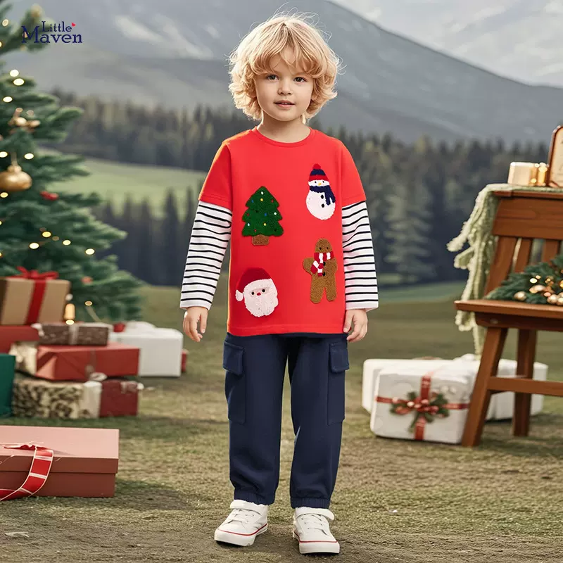 源头工厂童装批发 欧美圣诞款男童T恤 秋季儿童上衣 卡通棉童T恤