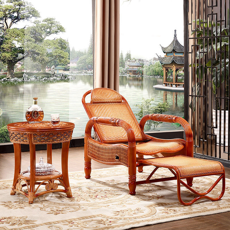 Rattan Chair Three-piece Set Balcony Leisure Recliner Lunch Break Easy Chair Rattan Chair for the Elderly Nap Chair Solid Wood Folding Chair