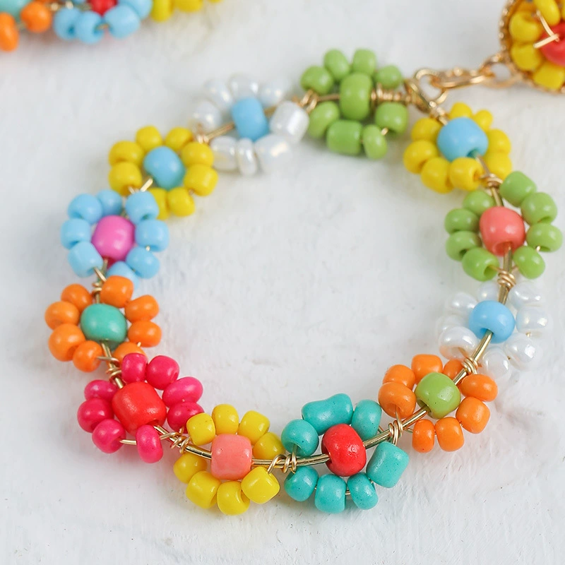 Серьги handmade, бохо стиль Европы, переплетенные цветочные бусины, легкие 10×10 см