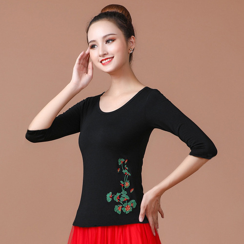Square Dance Top Women's Short Sleeve Dance Clothes Modal Clothes Embroidered Crew Neck T-Shirt