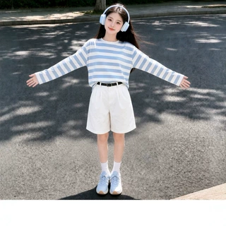 女童新款夏季条纹可爱套装韩版洋气薄款长袖短裤两件套透气休闲装