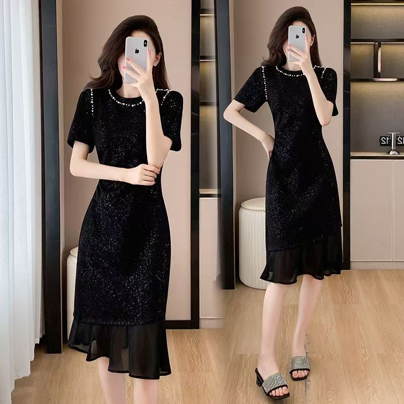 Summer Casual New Style Slim-Fitting Fine Shiny Sequin Beaded Dress Women's Short-Sleeved Mid-Length Waist-Covering Hip Chiffon Skirt