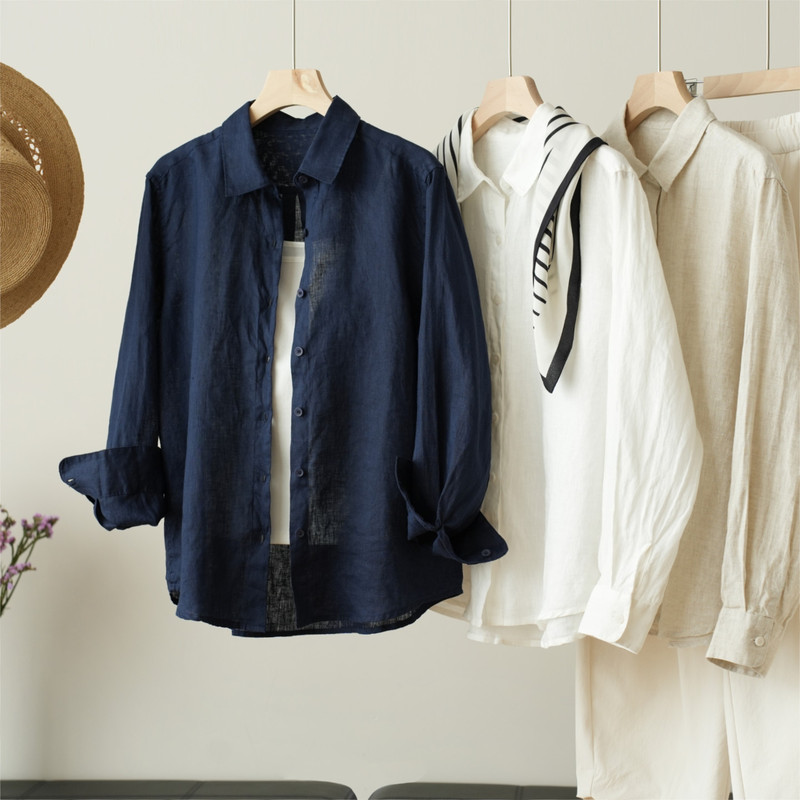 17*21 Women's Washed Linen Long-Sleeve Shirt with Turn-Down Collar, Air-Conditioning Shirt, Spring/Summer Women's Clothing