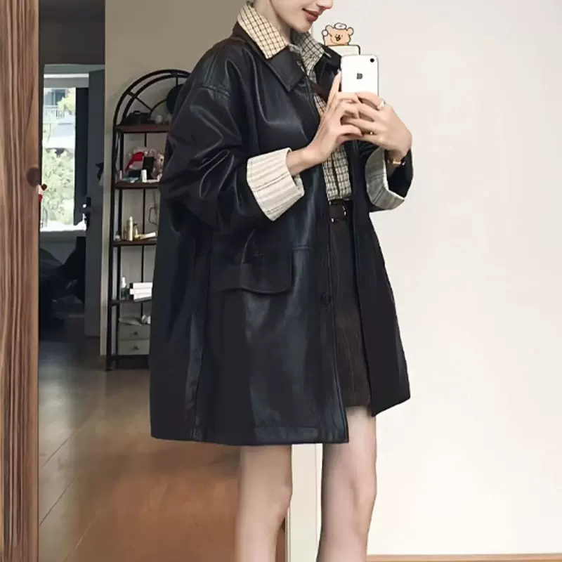 黑色皮衣外套女2025新款超火小个子皮夹克酷飒风中长款美式高级感