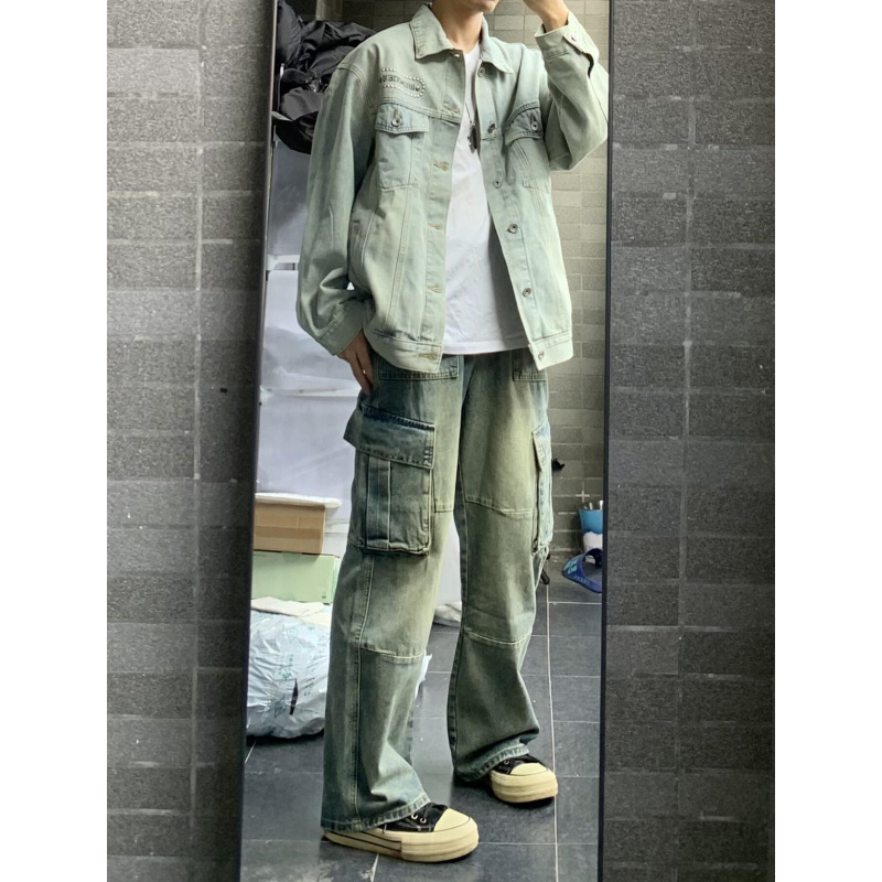春季街头工装牛仔裤男生宽松多口袋水洗做旧阔腿裤直筒学院风长裤|undefined