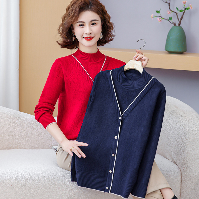 25 New Women's Clothing for Middle-Aged and Elderly, Fashionable Half-High Collar Sweater, Long-Sleeve Pullover Wool Sweater for Mothers