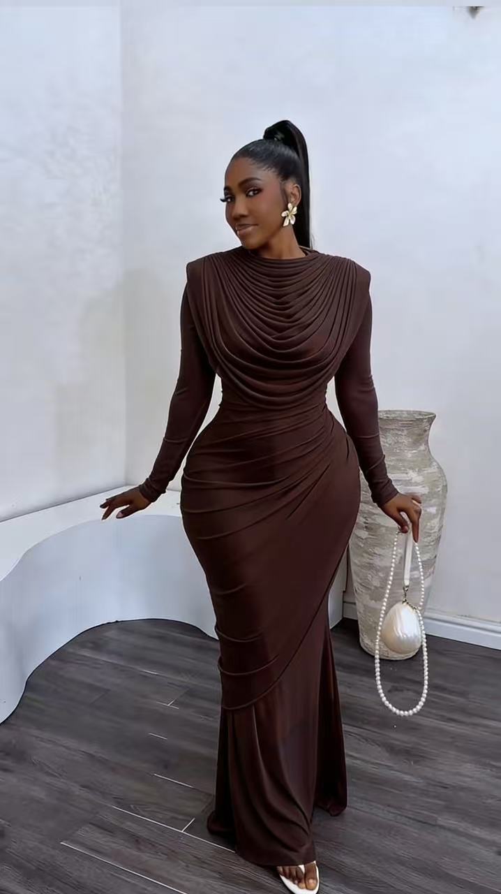 Elegant Mesh Draped Bodycon Midi Dress For Parties & Evening Events | Flattering High-Waist Design With Long Sleeves | Women's Fashion Cocktail Dress_ecoleips.com