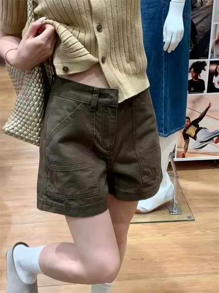 American Retro Military Green High-Waisted Wide-Leg Denim Shorts for Women 2026 Summer Loose Slimming Hot Girl Workwear Hot Pants