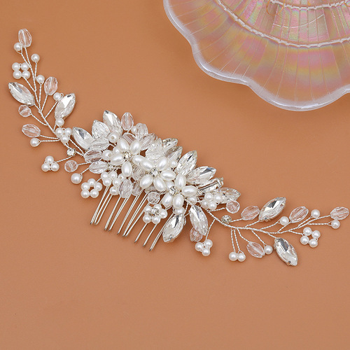 European and American cross-border fashion pearl comb hand-woven rhinestone crystal hair comb wedding photo updo bridal headwear