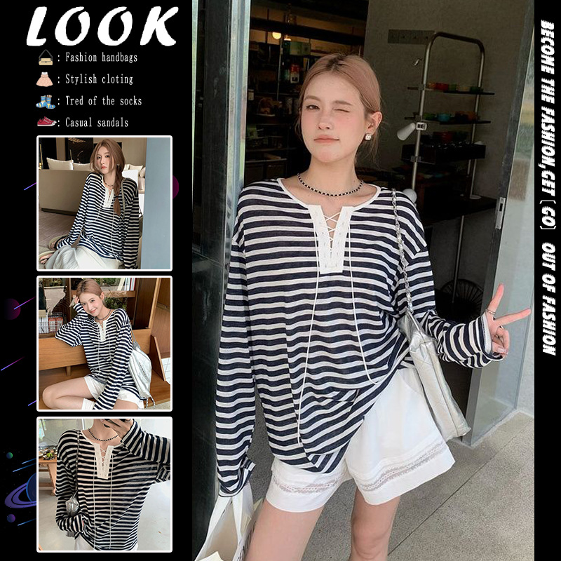 蓝色条纹绑带长袖宽松T恤女夏季休闲防晒罩衫中长款慵懒百搭上衣