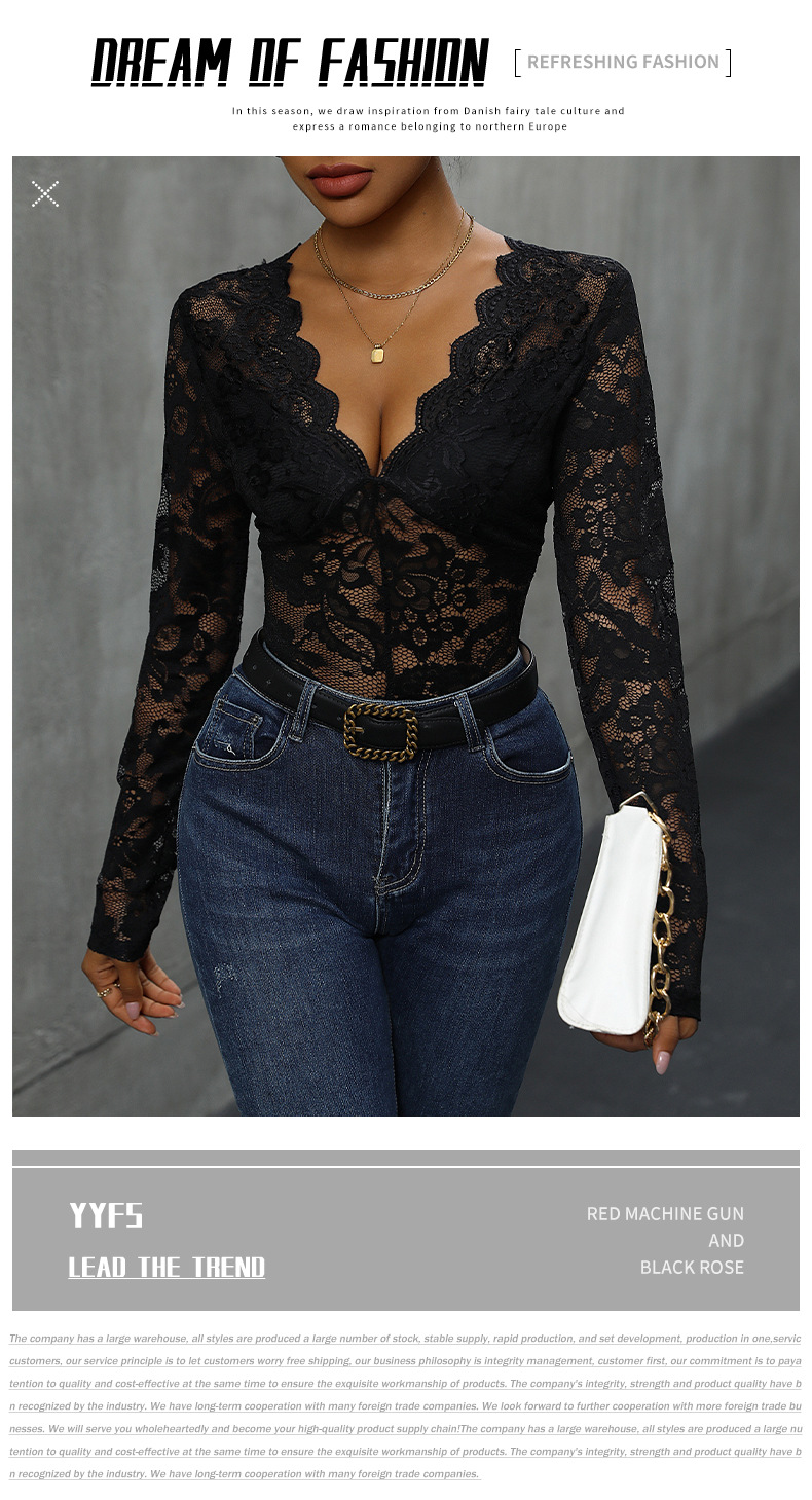 Body intero con scollo a V sexy e popolare in pizzo_voghion.com