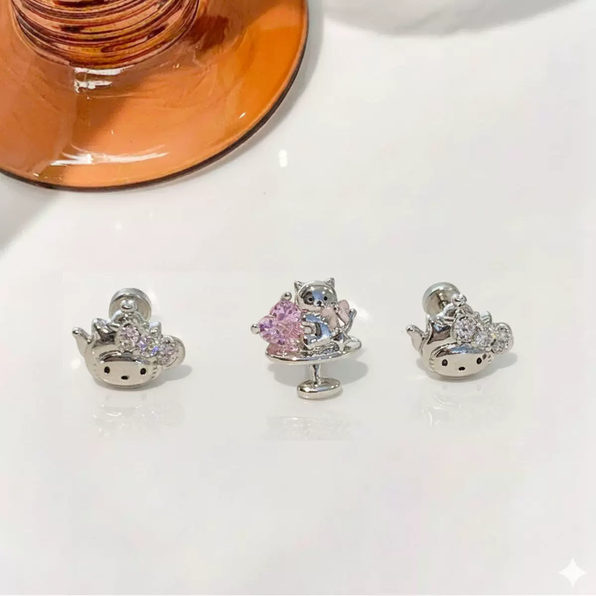 316L医用钛钢可爱kt猫双头螺丝耳骨钉设计感茶壶耳钉养耳洞耳饰