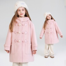 【内里夹棉】2025新款蜜桃粉毛呢大衣五角星羊角扣外套中大童冬装