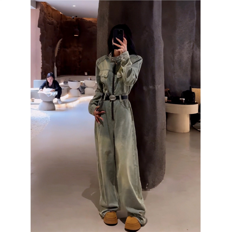 American Retro Distressed Stand-Up Collar Long-Sleeved Denim Jumpsuit 2025 Spring and Autum New Zipper High-Waisted Wide-Leg Pants
