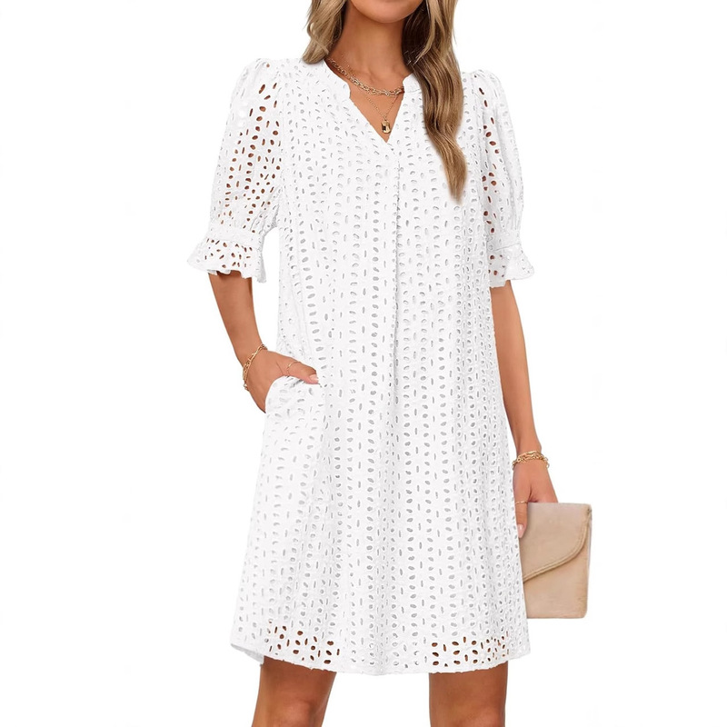 2025 Amazon Independent Store Spring/Summer Short Sleeve Casual Mini Dress V-Neck Ruffled Collar Hollow Out Lace Dress