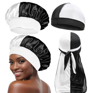 Two-color Patchwork Nightcap Turban Three-piece Set Unisex Durags Protective Hairstyle Bonnet