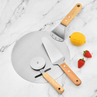 Pizza Shovel Three-Piece Set Stainless Steel Beech Handle Round Shovel Triangle Shovel Wheel Knife Baking Tool Cake Mobile Shovel