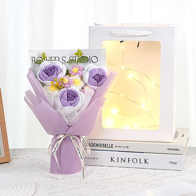中国のバレンタインデーギフト完成品花束ニット花束バラ模擬花ウールフラワー誕生日ギフトガールフレンド|undefined