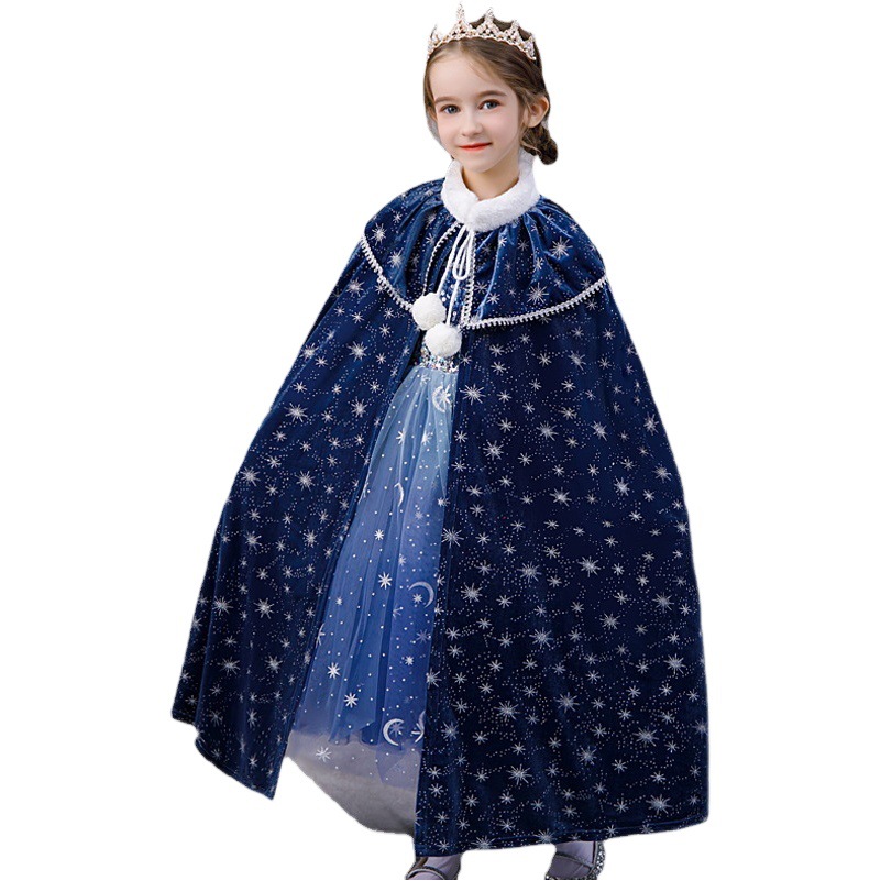 New Girls' Frozen Cape Long Elsa Fleece-Lined Thickeneded Windproof Shawl Halloween Performance Costume
