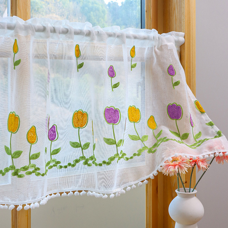 Factory direct three-dimensional tulip embroidered coffee curtain high sense finished curtain curtain curtain cute embroidered polyester