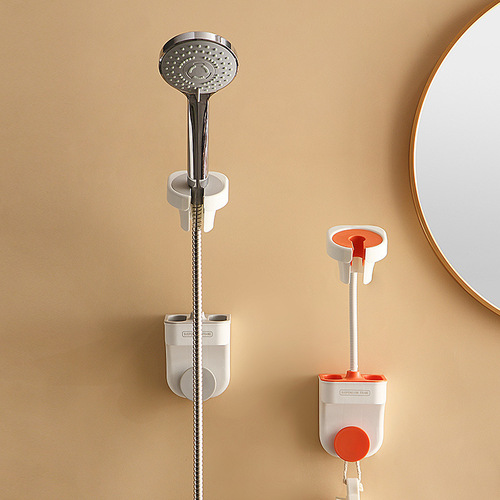 Hole-free rewindable hair dryer holder bathroom shower head with double compartment storage fixed base shower rack