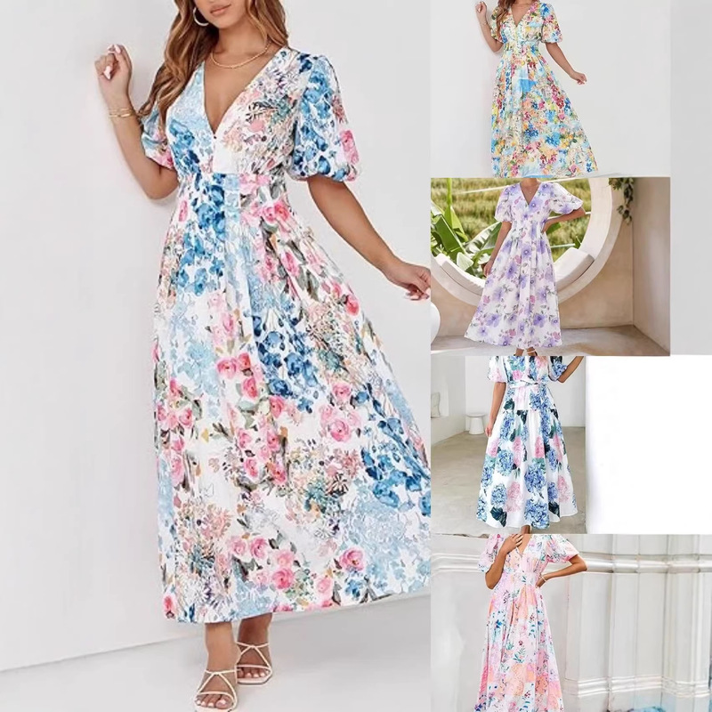 2026 European and American Cross-Border Women's Summer Floral Style Ultra-Long Printed Dress Spring Wedding Guest Dress
