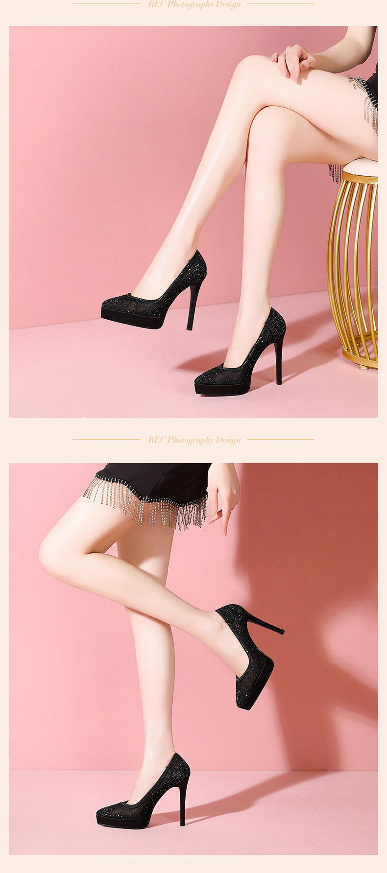 Giày cao gót nữ mũi nhọn da thật đế platform gót siêu cao 12 cm, phối lưới đính đá rhinestone — đen chi tiết 7