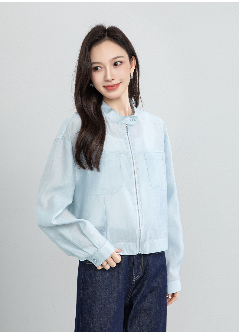 Áo khoác sơ mi ngắn tay nữ chất liệu linen pha acetate mùa hè dáng rộng — Xanh da trờicolor chi tiết 21