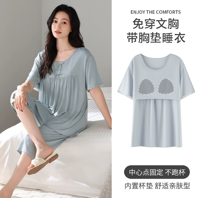 Pijama, summer top with cups, cotton thin trousers, set, sewn from modal, oversize