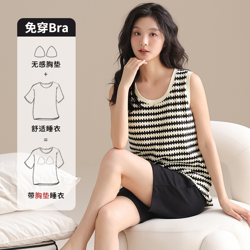 Pajamas with Breast Pads, Pure Cotton, Women's New Summer Style, Wearable Outside, Vest, Shorts, Home Clothes, Two-Piece Set, All Cotton Pajamas with Breast Pads, Pure Cotton, Women's New Summer Style, Wearable Outside, Vest, Shorts, Home Clothes, Two-Piece Set, All Cotton