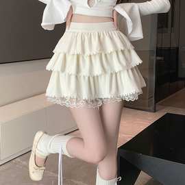 蕾丝拼接蓬蓬蛋糕裙女春夏新款辣妹高腰显瘦a字半身裙荷叶边短裙