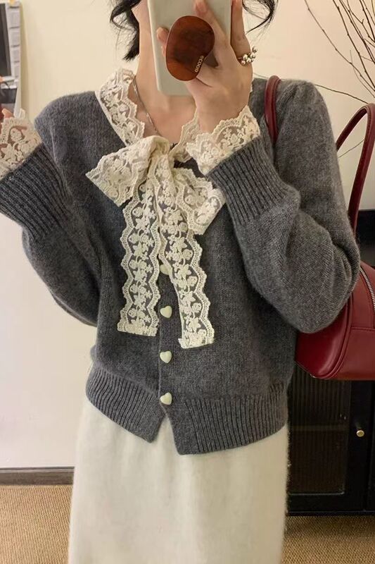 Tweed Style Fat Mm0 Slimming Look Sweater to Cover the Flesh Autumn and Winter 20 Lace Knitted Cardigan Jacket Plus Size Women's Bow
