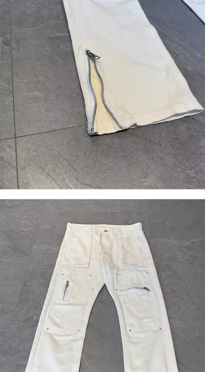 Unisex Boyfriend Style White Denim Jeans Rivet Design Straight Leg Trendy Floor Length Pants American High Street_mkmklike.com