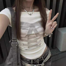 2025新款美式复古一字肩莫代尔短袖t恤女设计感小众辣妹修身上衣