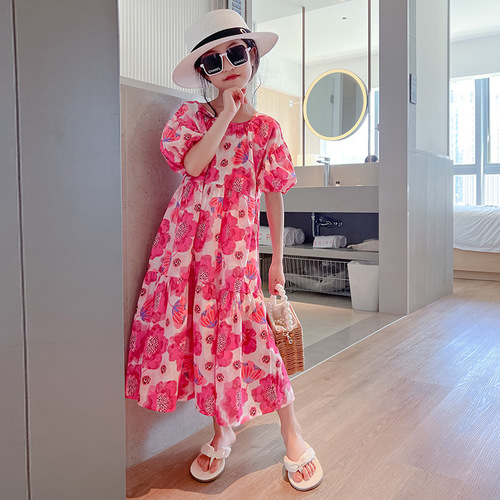 Girls Dress Summer Thin Cotton Skirt Children's Casual Princess Dress Cute Flower Puff Sleeve Long Skirt