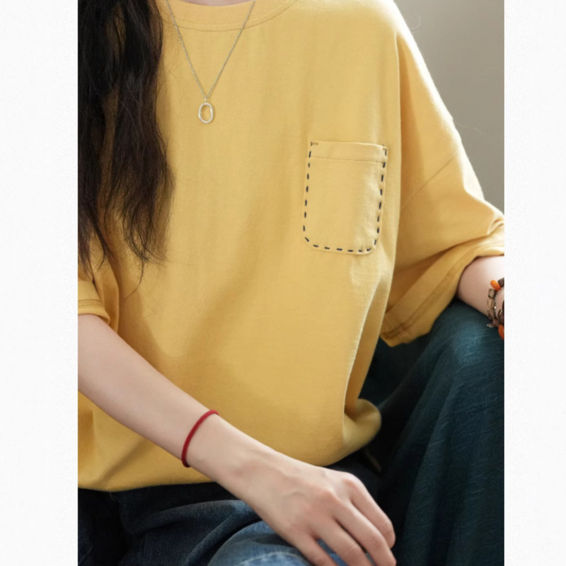 Sunshine Pocket | Hand-Stitched Details Loose Round Neck T-Shirt 25 New Summer Short-Sleeved Tops for Women Casual and Versatile