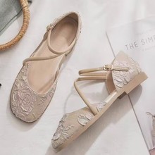 2024春季新款浅口平底新中式玛丽珍单鞋女法式玫瑰花软底豆豆鞋