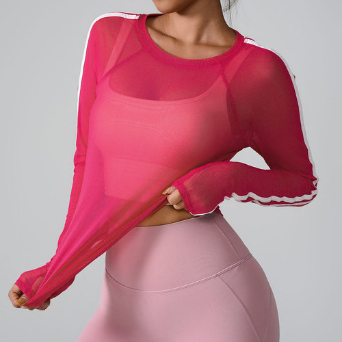 Amazon 2024 Cross-border New Sport Tank Top Striped Net Fabric Quick-drying Long Sleeve Slim Fit Breathable Fitness Tank Top for Women