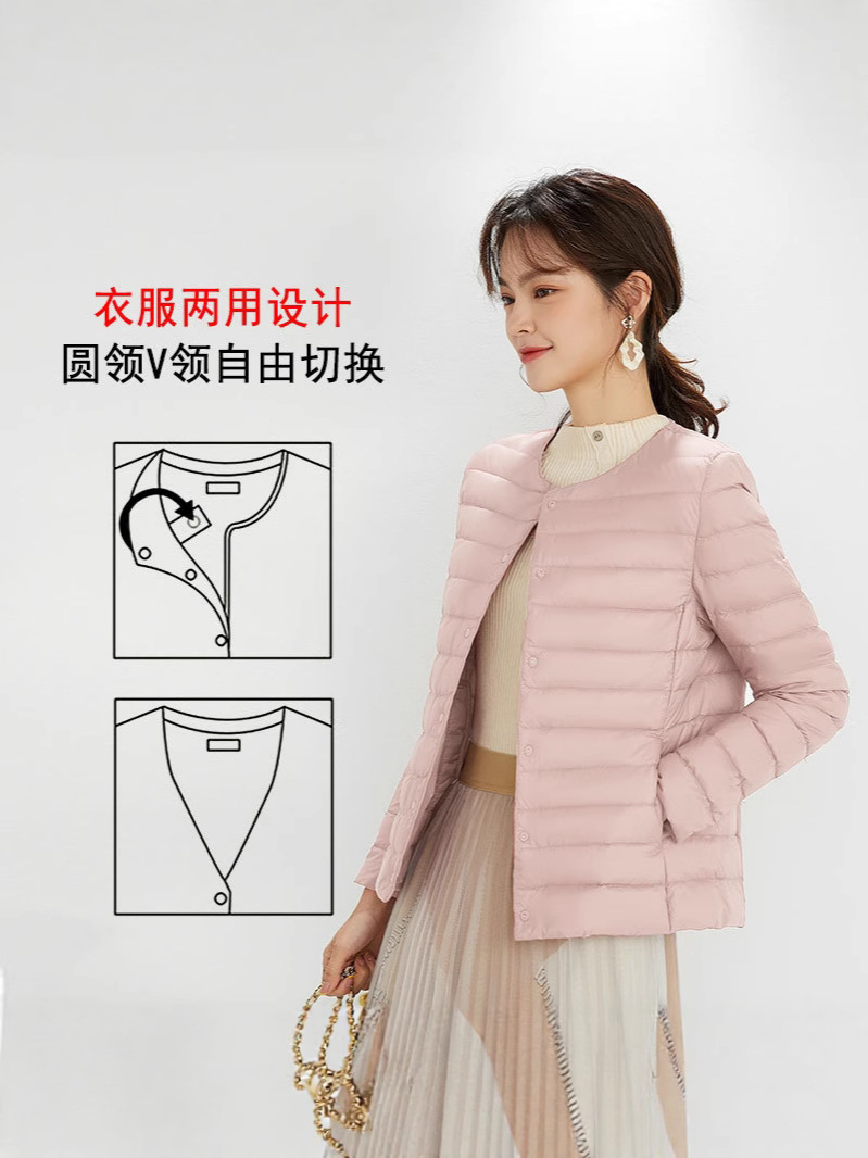 Nuevo chaqueta de plumón ligera para mujeres de invierno y otoño, chaqueta de cuello redondo de cuello en V, doble chaqueta corta grande y delgada