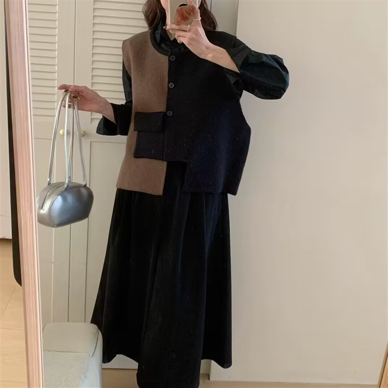 设计感小众不规则拼色圆领针织马甲女秋冬无袖宽松外搭毛衣背心潮|undefined
