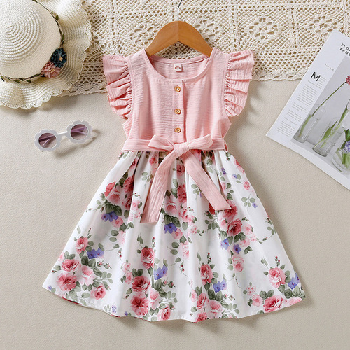 Children's Summer New Arrival Floral Edge Short Sleeve Dress with Ties