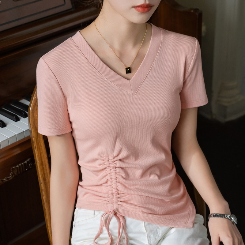 Camiseta de manga corta para mujer verano 2023 nueva camiseta de hilo con cuello en V de ala ancha para mujer retro cordón plisado cintura superior