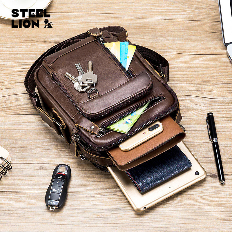 Viejo León primera capa de piel de vaca bolsa de mensajero de los hombres de comercio exterior de múltiples funciones de Europa y América moda bolso de los hombres 2024 Nuevo
