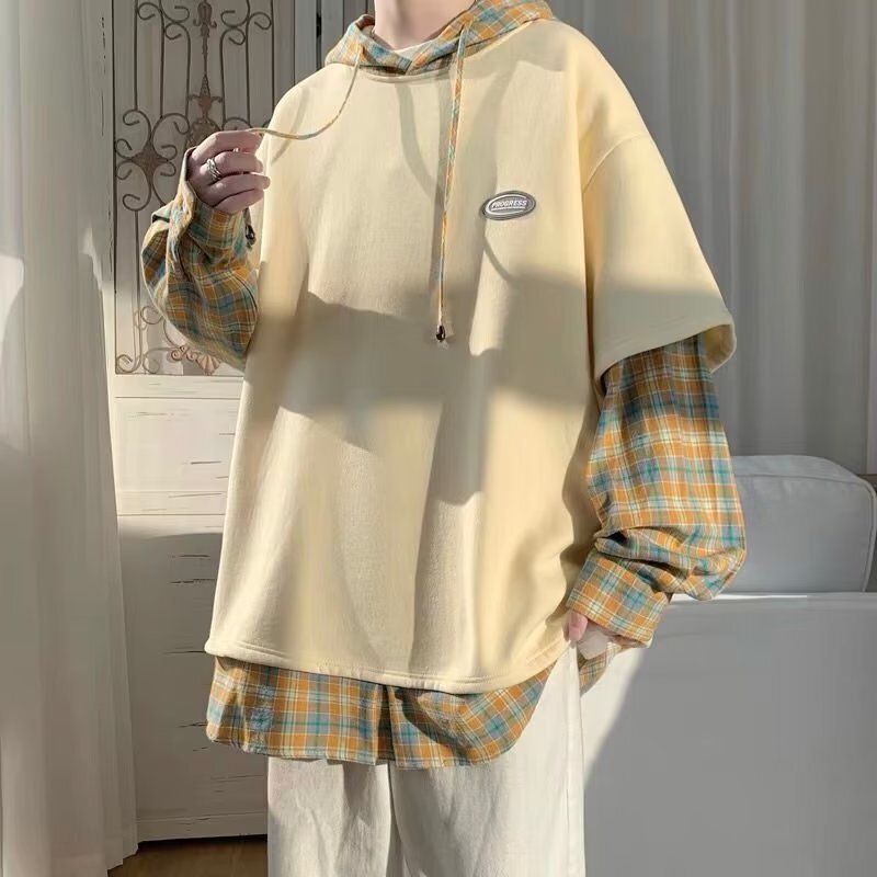 2023 stitching casual youth fashion sweater trendy loose new men's autumn pullover hooded all-matching 2023 stitching casual youth fashion sweater trendy loose new men's autumn pullover hooded all-matching